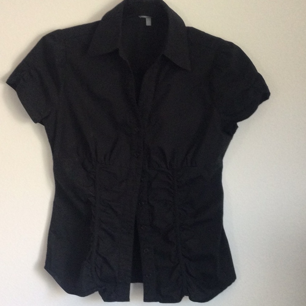 Black button down shirt. Ruching in front.